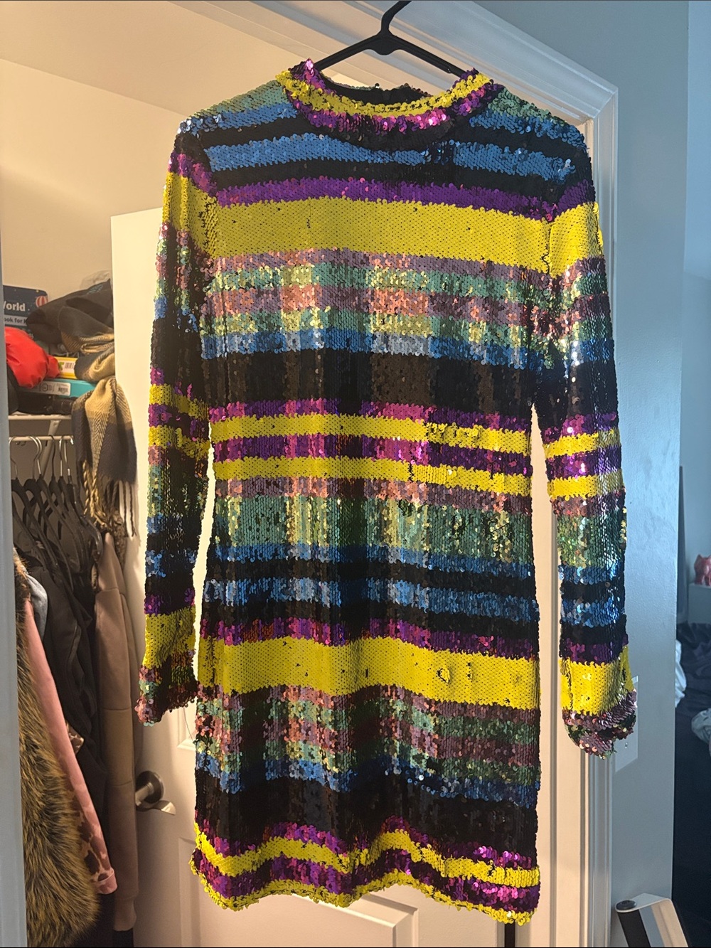 Sequin Striped Long-Sleeve Dress in Yellow, Blue & Purple